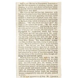 1865 Last Hour Of Abraham Lincoln Death Article Clipping Civil War Assassination